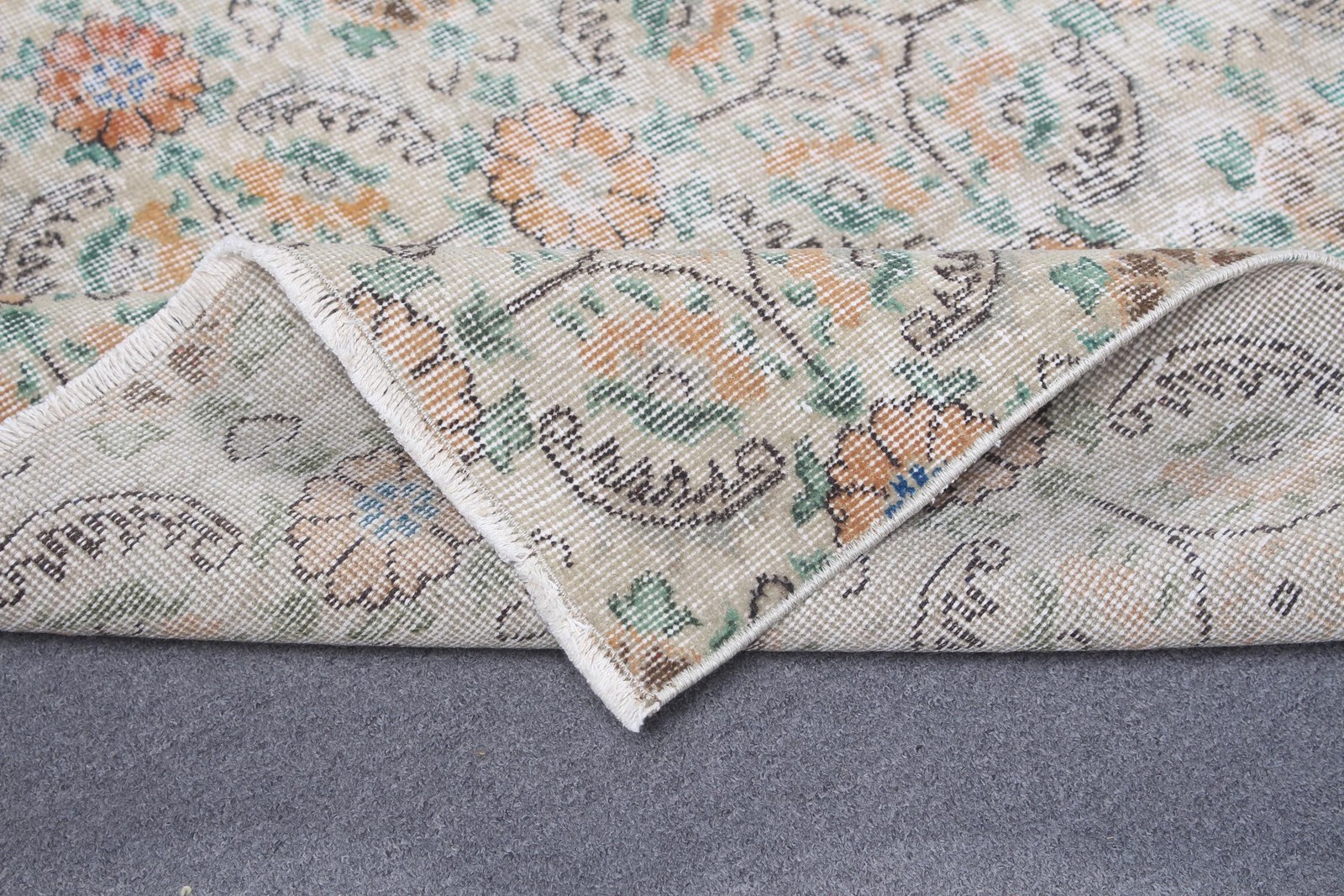 Turkish Large Rug 5,1×8,3 ft, Green Floral Vintage Wool Rug