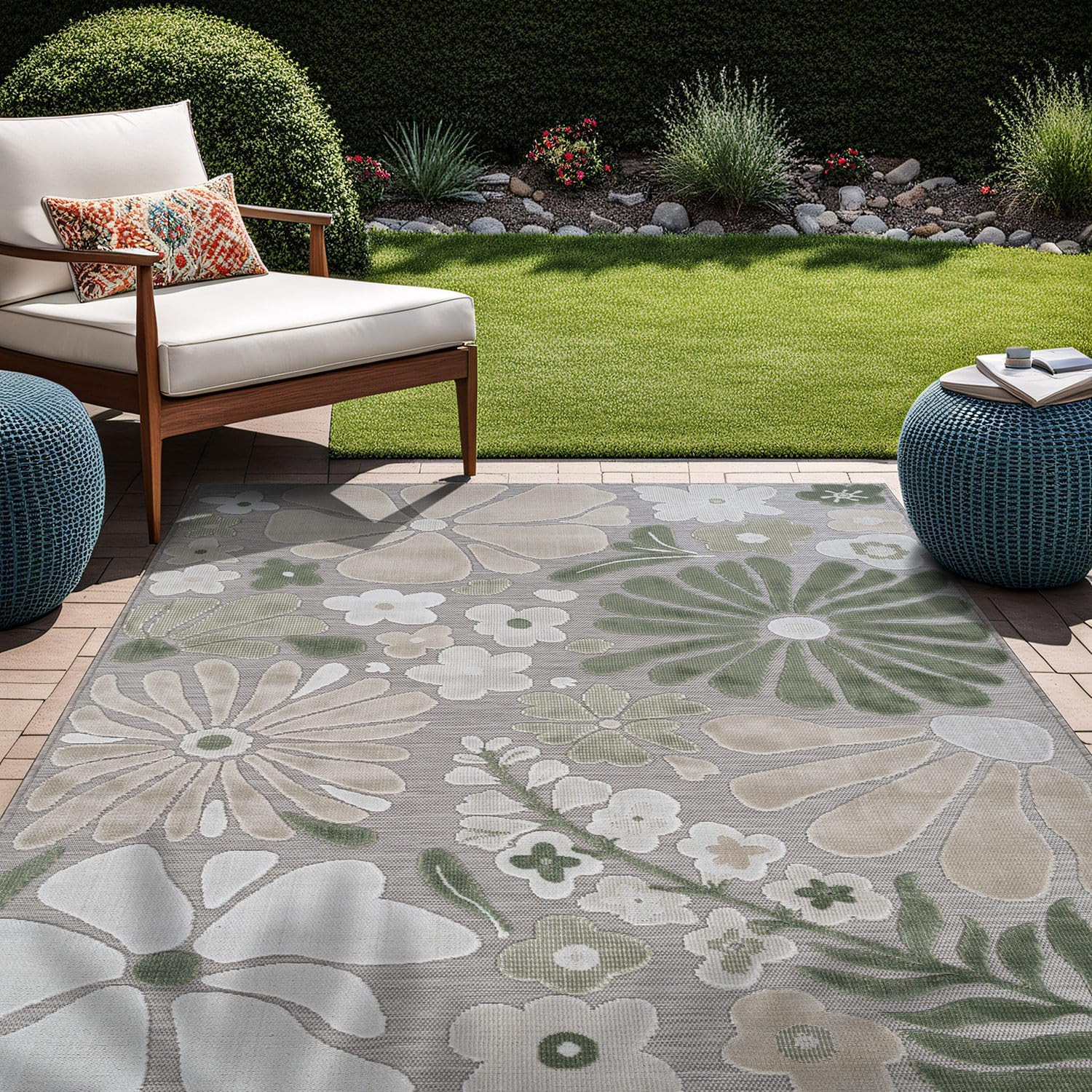 Outdoor Rug 5X7 Modern Floral Tropical Area Rugs for Outdoor and Indoor Patio Ea