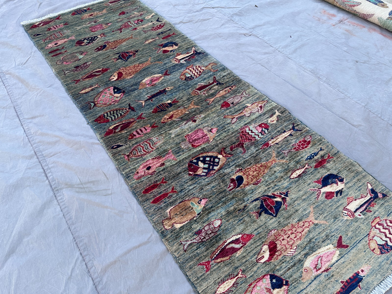 3×8 Afghan Hand Knotted Fish Runner Rug Modern Pictorial Wool Coastal Carpet