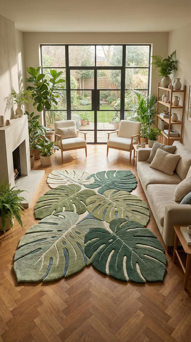 Hand Tufted Monstera Leaf Rug, Botanical Green Area Rug, Tropical Leaf Carpet