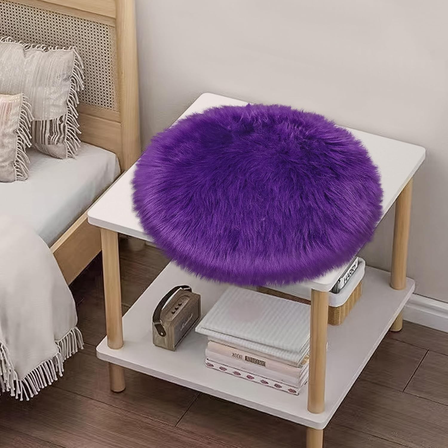 Faux Sheepskin Circle Rug 2ft Purple Plush Shaggy Mat Seat Pad Sofa Throw Decor