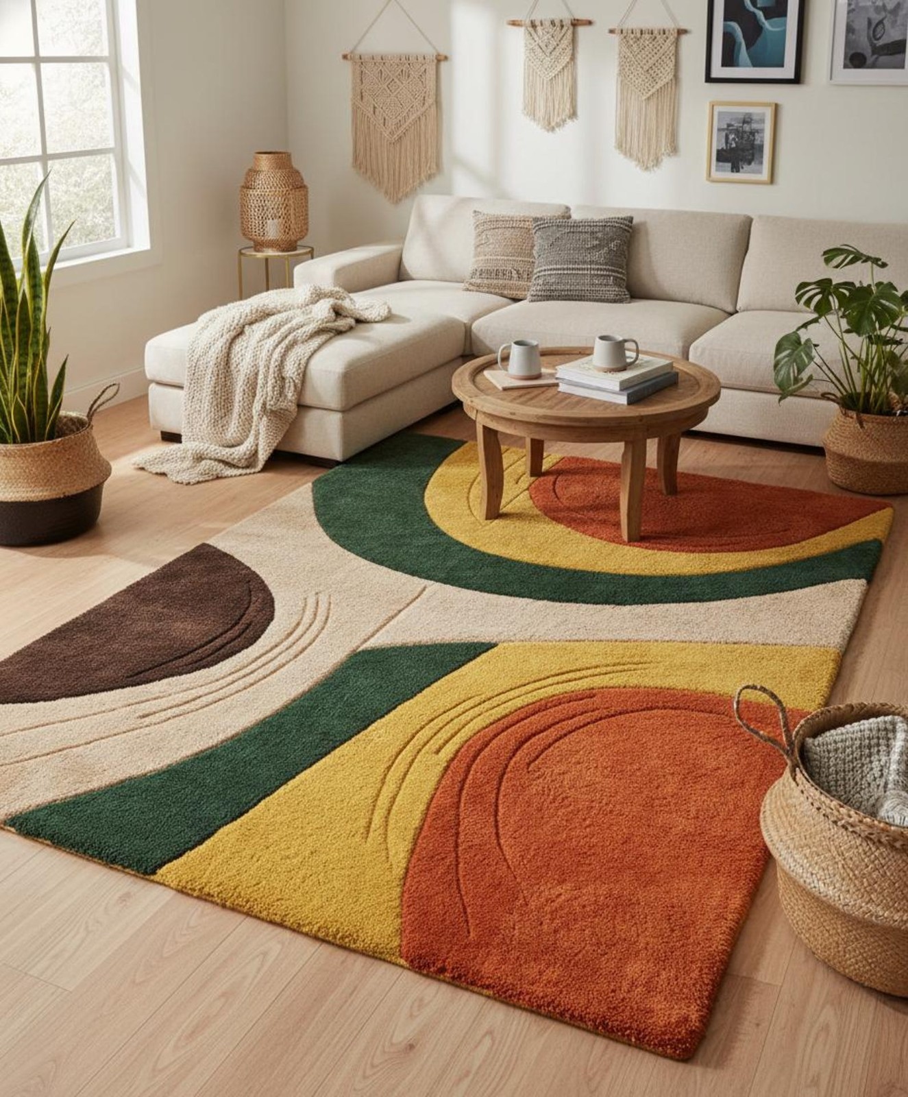 Large Abstract Area Rug 3D Textured Retro Orange Green Brown Modern Carpet 5×7