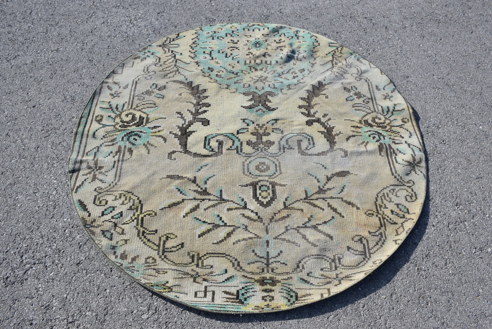 4,9×4,9 ft Turkish Round Rug, Vintage Blue Oriental Rug
