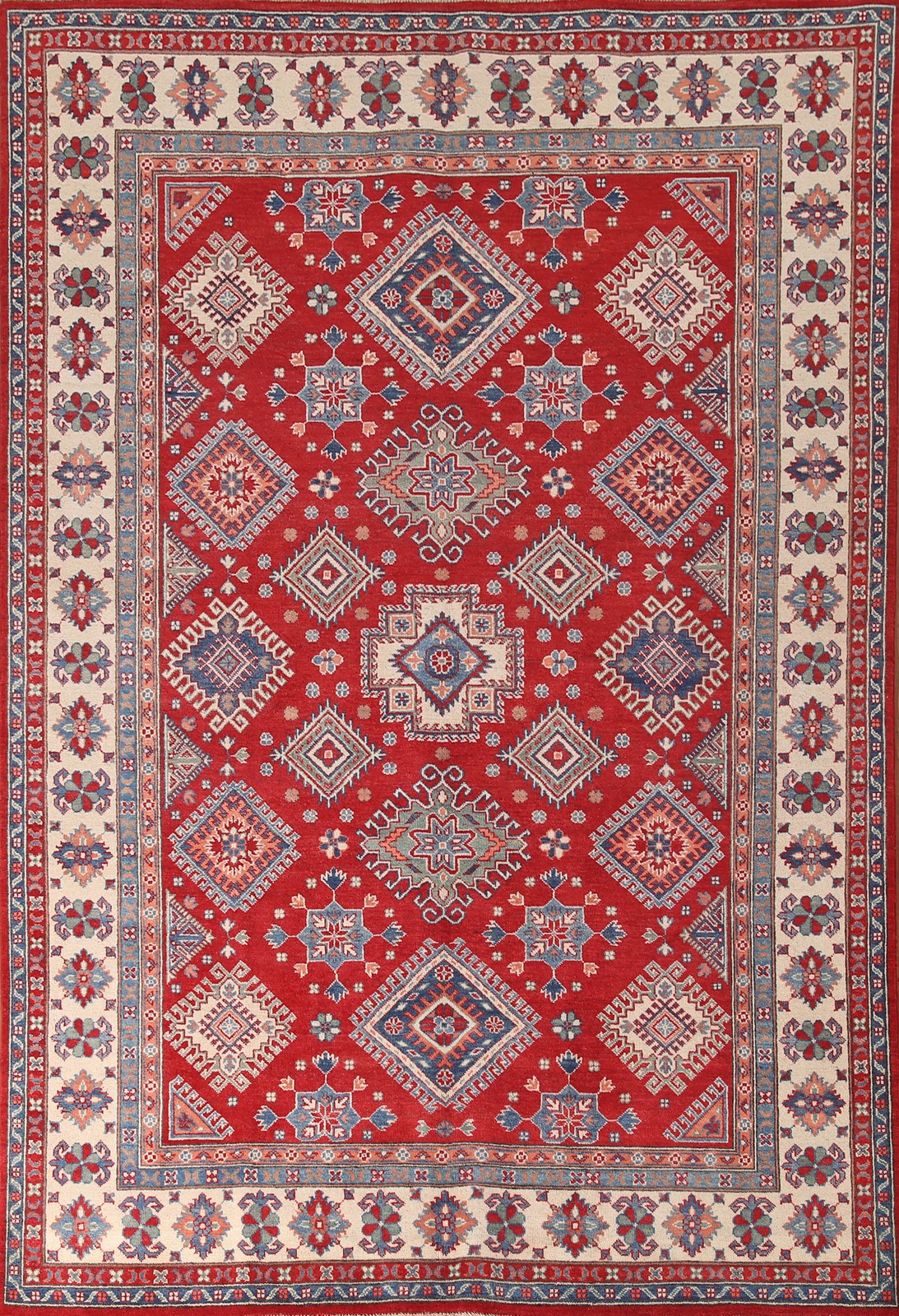 Super Kazak Handmade Area Rug 7×10 Red/ Ivory Wool Vegetable Dye Room Size Rug