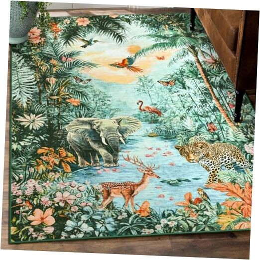 Jungle Print Small Area Rug for Living Room, Soft 3×5 Feet Washable Green