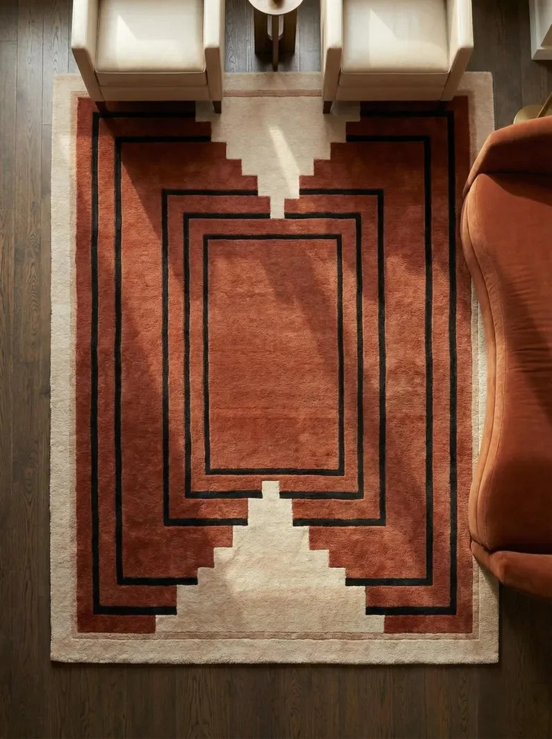 Hand Tufted Terracotta Geometric Area Rug, Modern Art Deco Wool Carpet