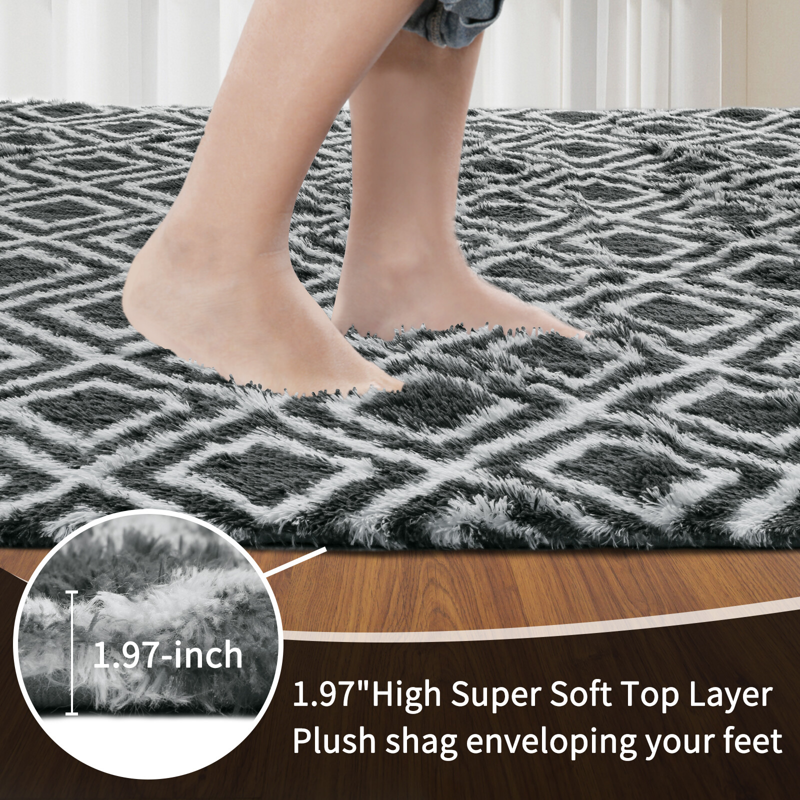 Large Size Shaggy Fluffy Area Rugs Carpets for Living room Bedroom Grey Checker