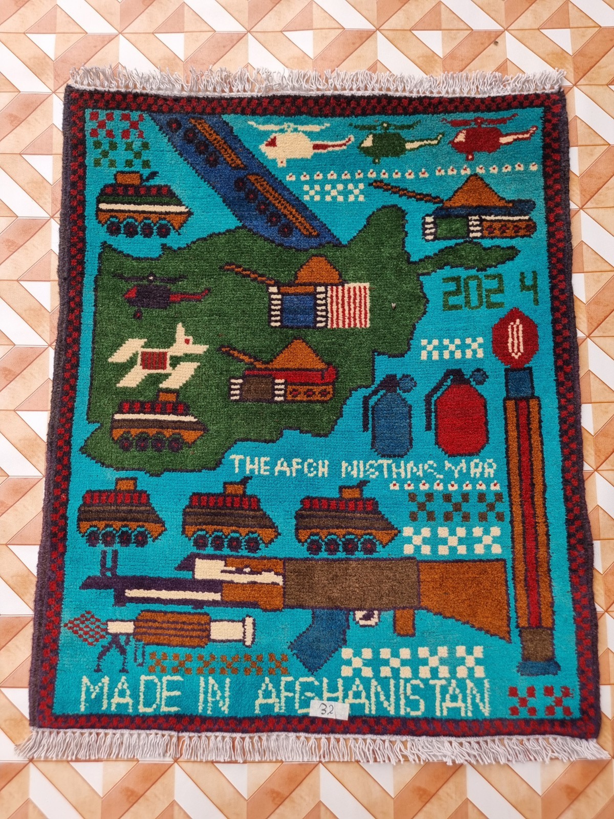 Afghan Map War Rug – Hand-Knotted Wool – Tribal Pictorial Carpet.
