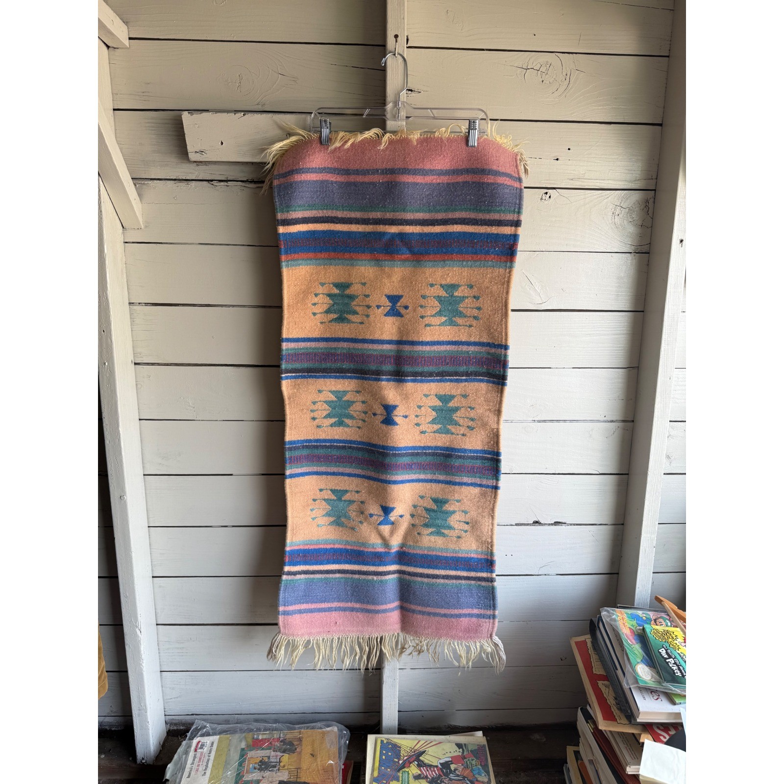 Vintage Southwestern Handwoven Wool Rug Wall Geometric Tribal Fringe Boho