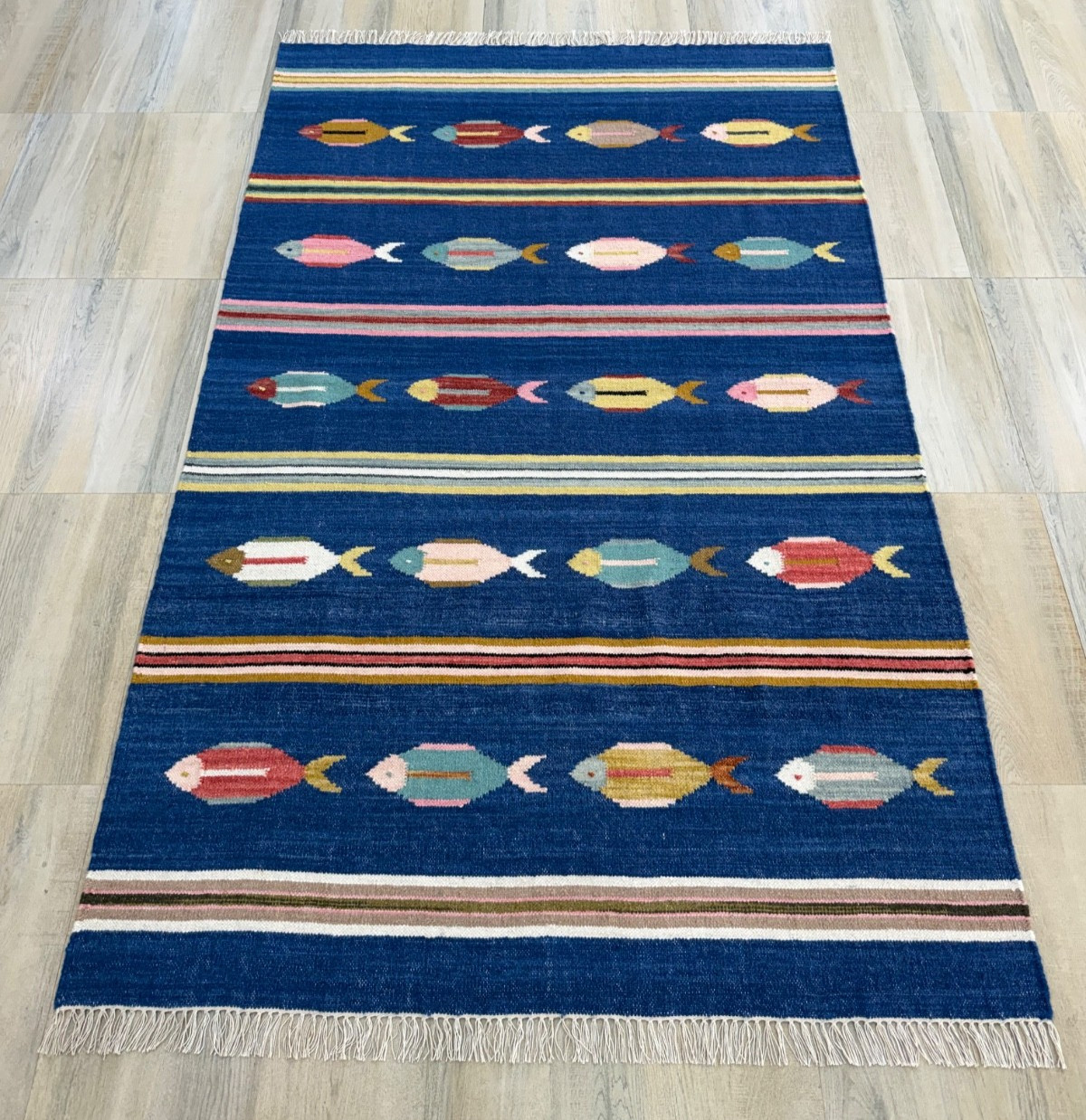 Hand Woven Wool Area Rug 5 x 8 Blue Tribal Folk Art Scandinavian Kilim for Kids