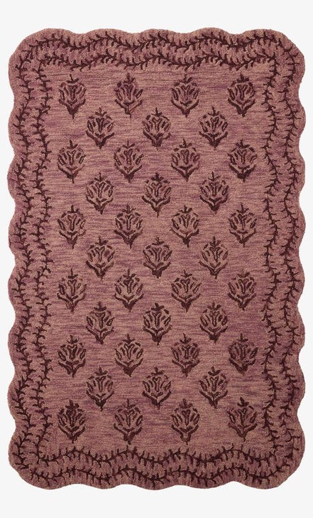 Green Floral Tufted Wool Blend Rug Scalloped Border Handmade Area Carpet