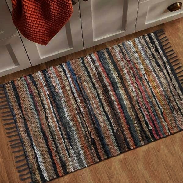 Leather Chindi Rag Rug Multi-colored Earthtones 24″x36″ Boho Farmhouse