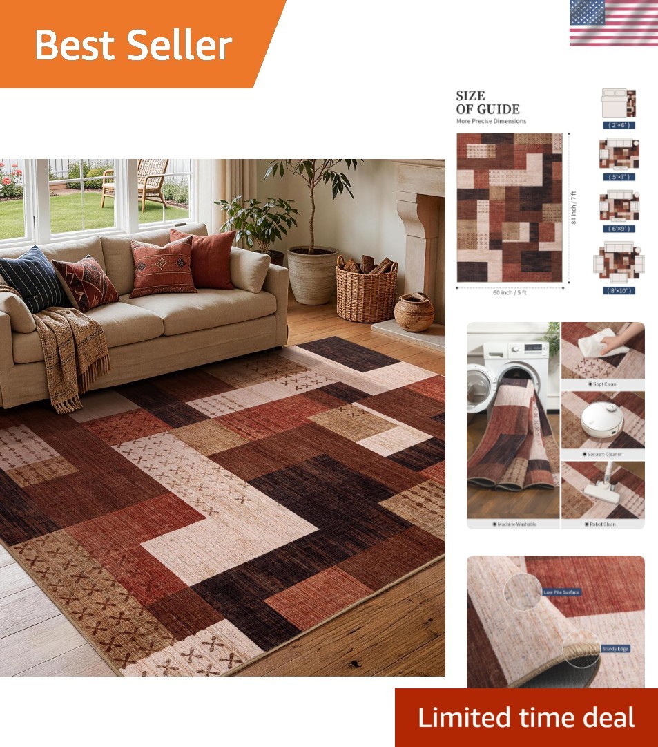 Brown Modern 5×7 Area Rugs for Living Room, Washable Geometric Patchwork Rug …