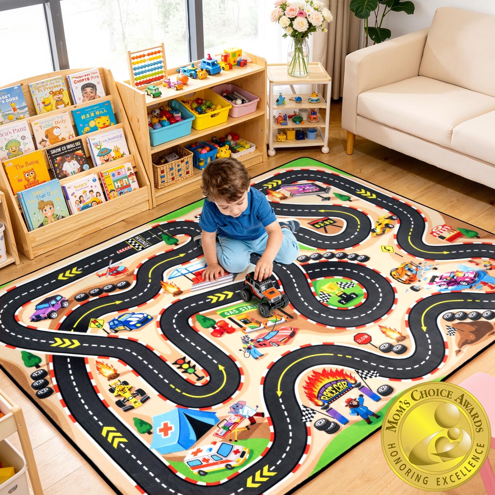 Kids Race Track Rug 4×6, Car Track Play Mat for Toy Cars, Road Rug for Kids,