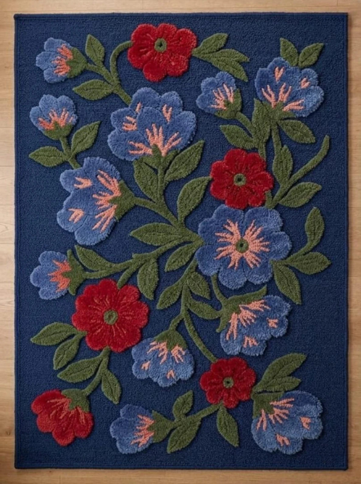 Hand-Tufted Wool Floral Area Rug: Blue Red Botanical Carpet Accent Design Rug
