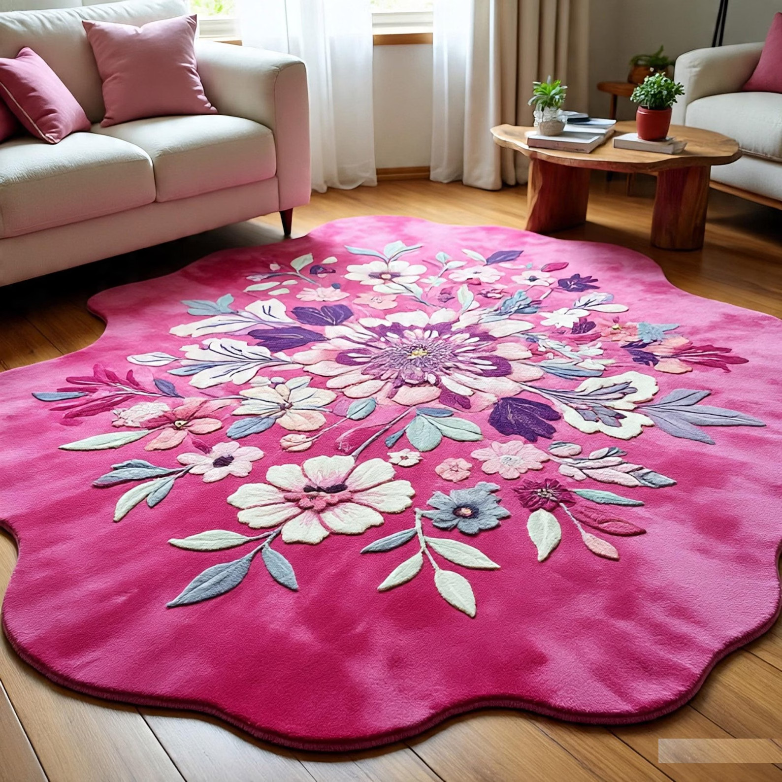 Irregular Shape Vibrant Pink Floral Burst Area Rug – Tufted Modern Romantic