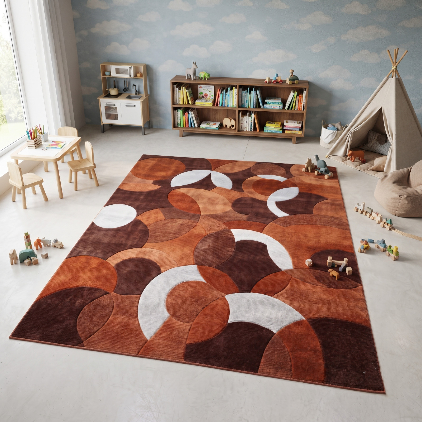 9×12 Hand Tufted Wool Area Rug Modern Circle Design Brown Rust