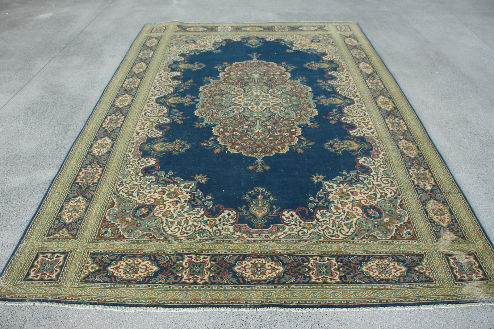 Vintage Turkish Rug, 6,8×9,8 ft Rug, Blue Green Solid Wool Rug