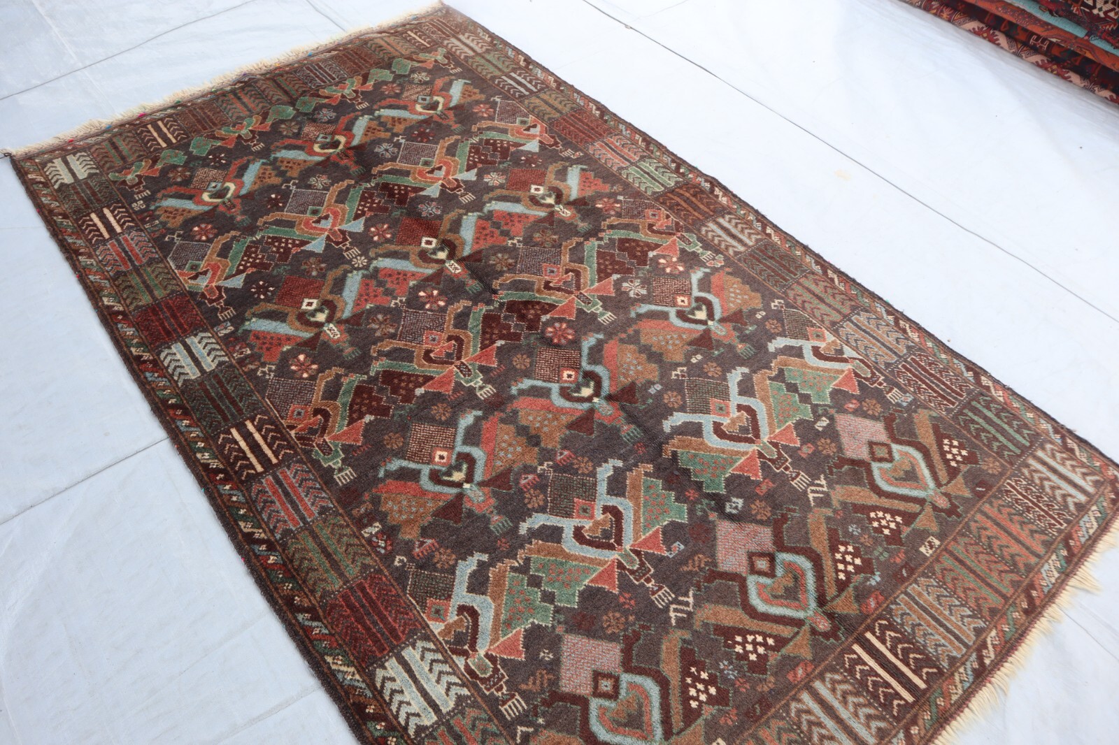 3’8×6’5 ft, Gray Afghan High Pile Geometric Rug, Fine Handmade Bohemian Area Rug