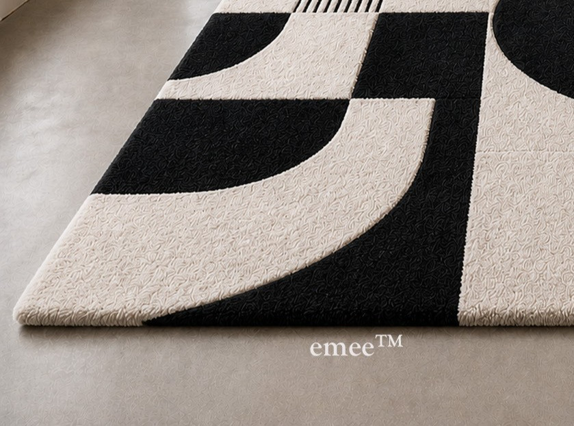 Mid Century Modern Wool Rug Black White Geometric Handmade Area Carpet