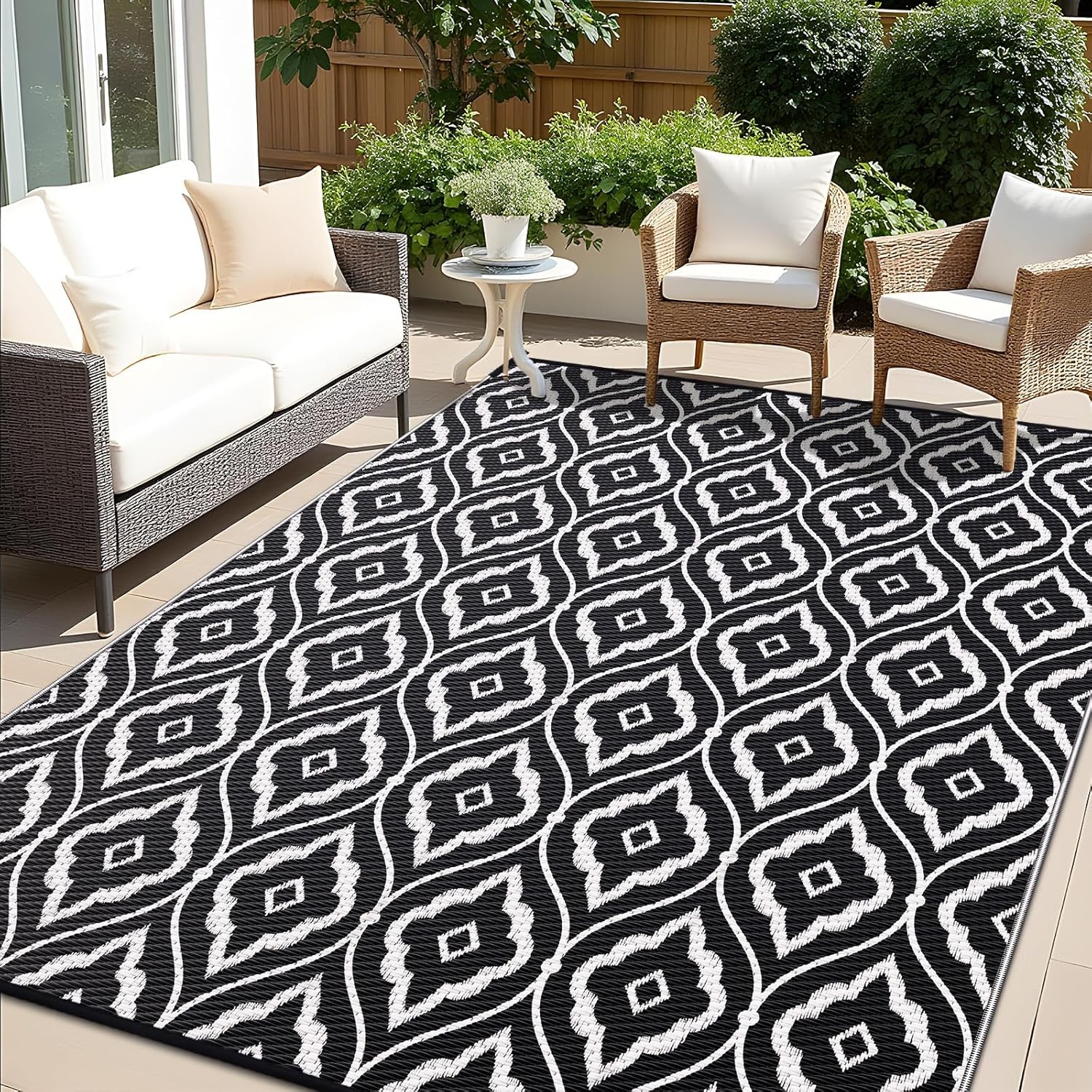 Black and White Outdoor Rug 5 X 8 Feet Waterproof Reversible RV Patio Mat Rug