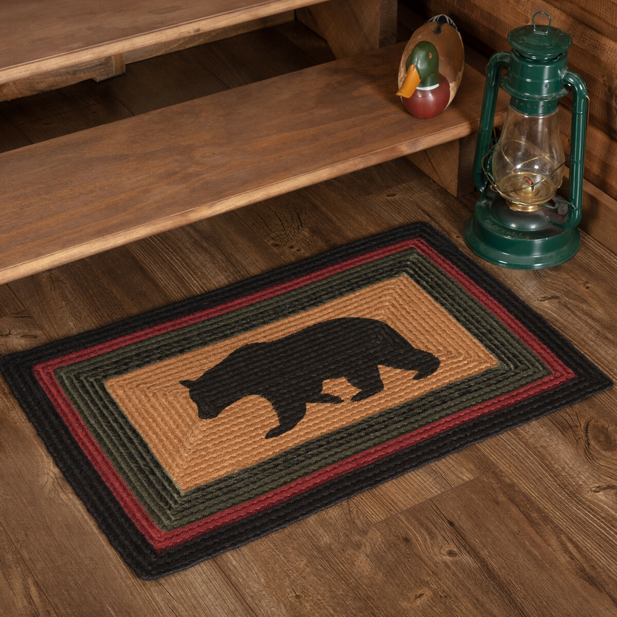 Wyatt Black Bear Jute Rug Black, Khaki, Green and Red Country Cabin Lodge
