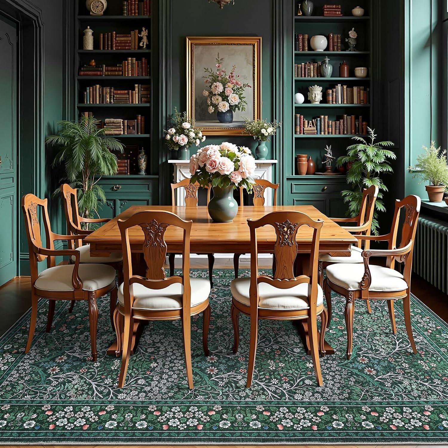 Luxurious 8×10 Low-Pile Floral Area Rug with Non-Slip Backing – Dark Green Style