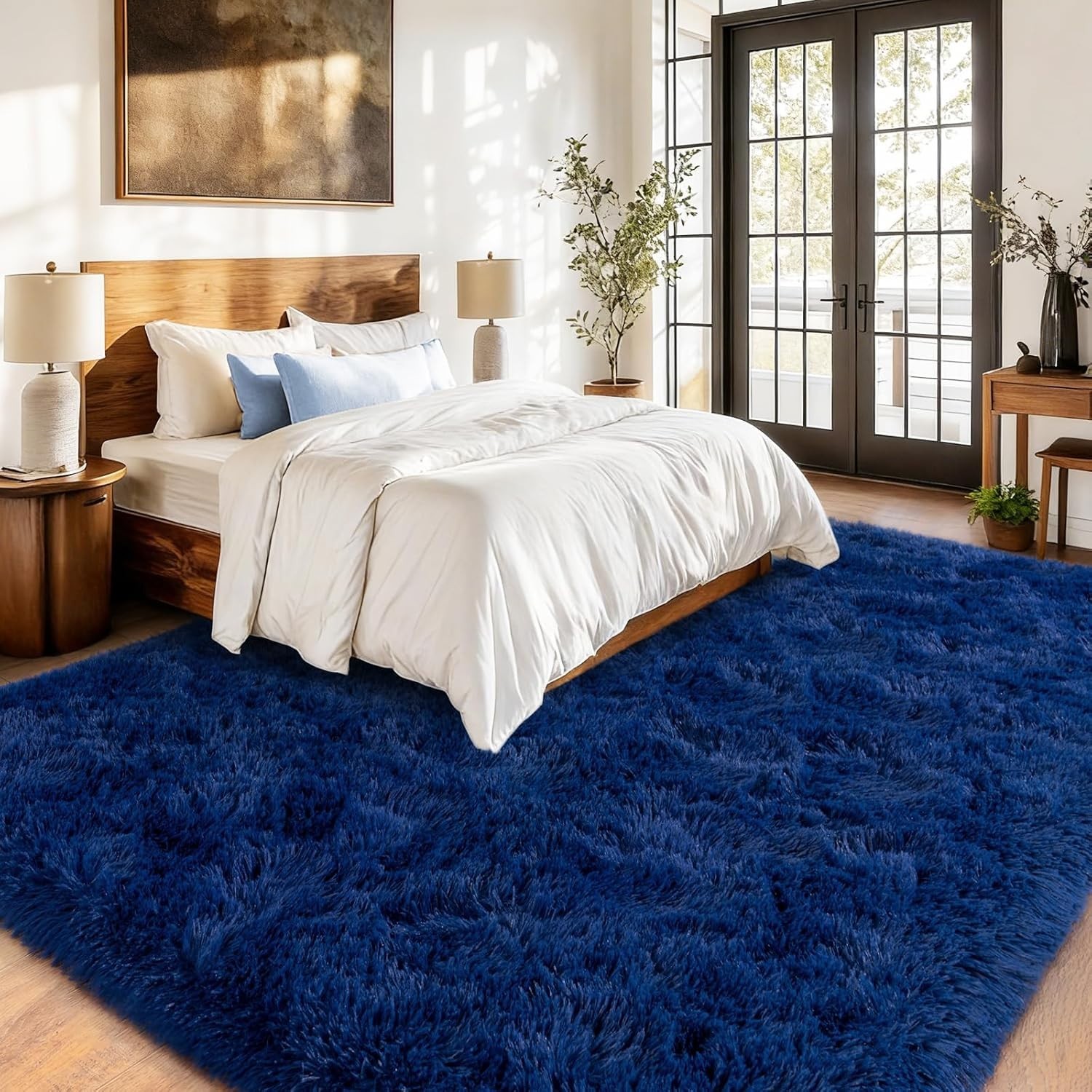 Fluffy Area Rug Large Dark Blue Soft Shaggy Carpet for Living Room Bedroom Floor