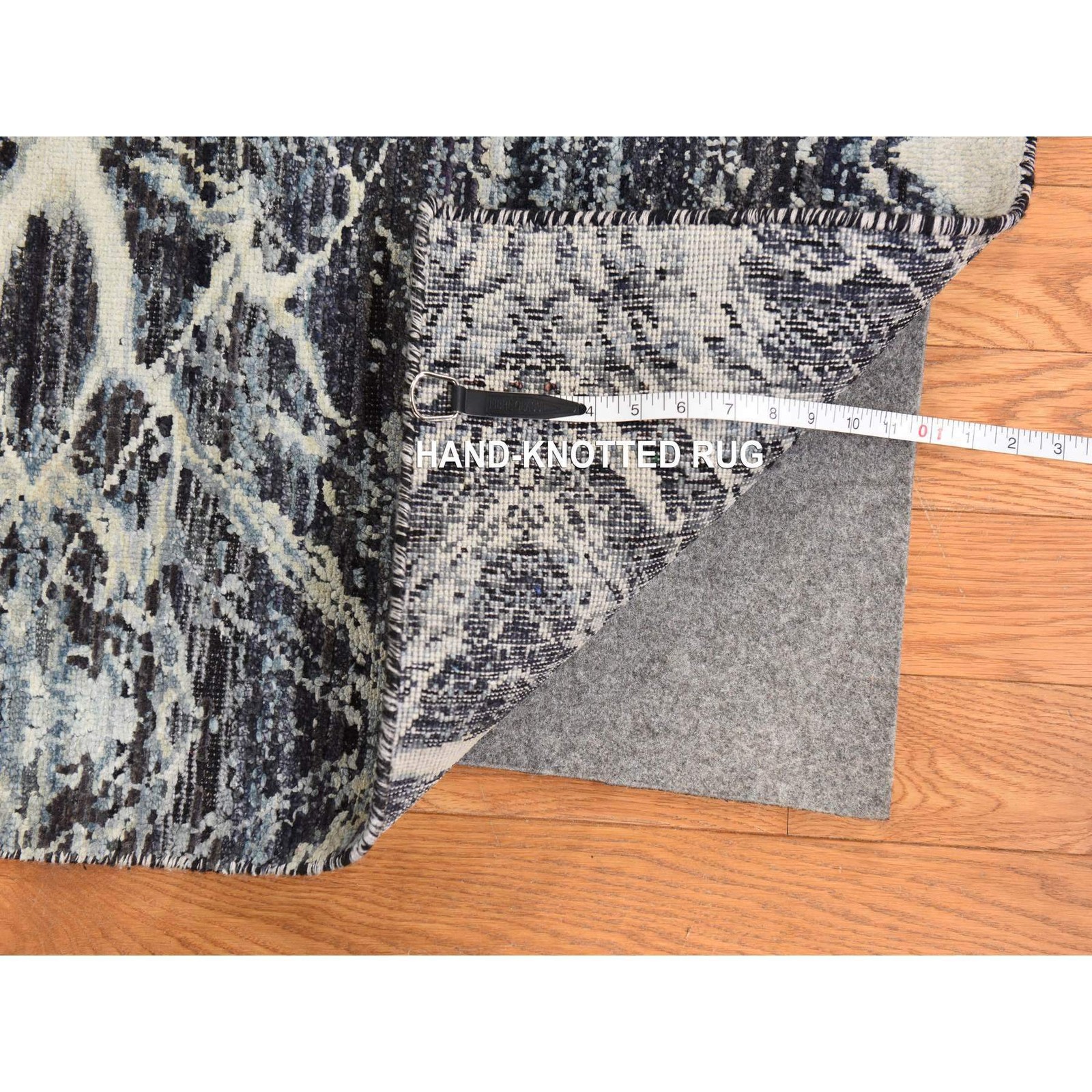 8’8″x12′ Charcoal Black Pure Silk Fossil Design Hand Knotted Oriental Rug 78739