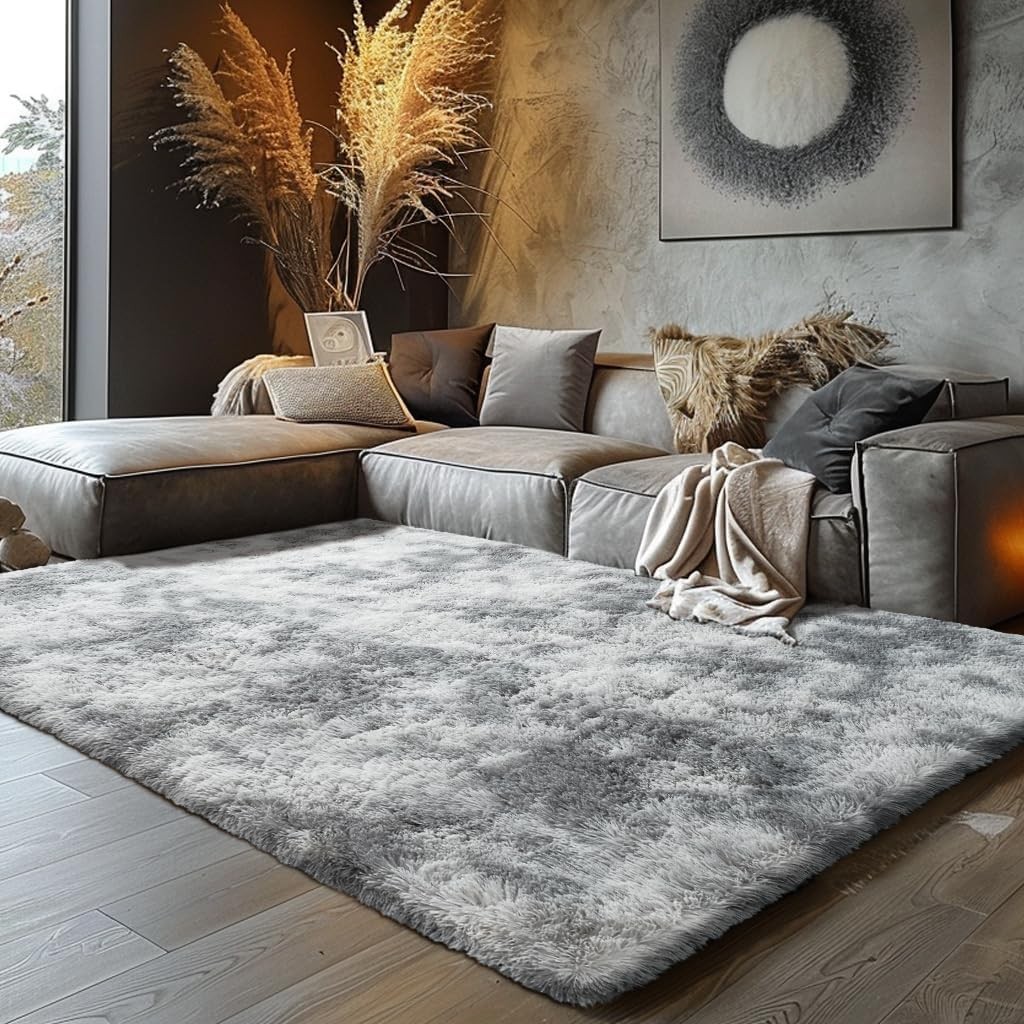 Shag Area Rug 8×10 Ultra Soft Fluffy Carpet Bedroom Living Room Tie-Dye Gray