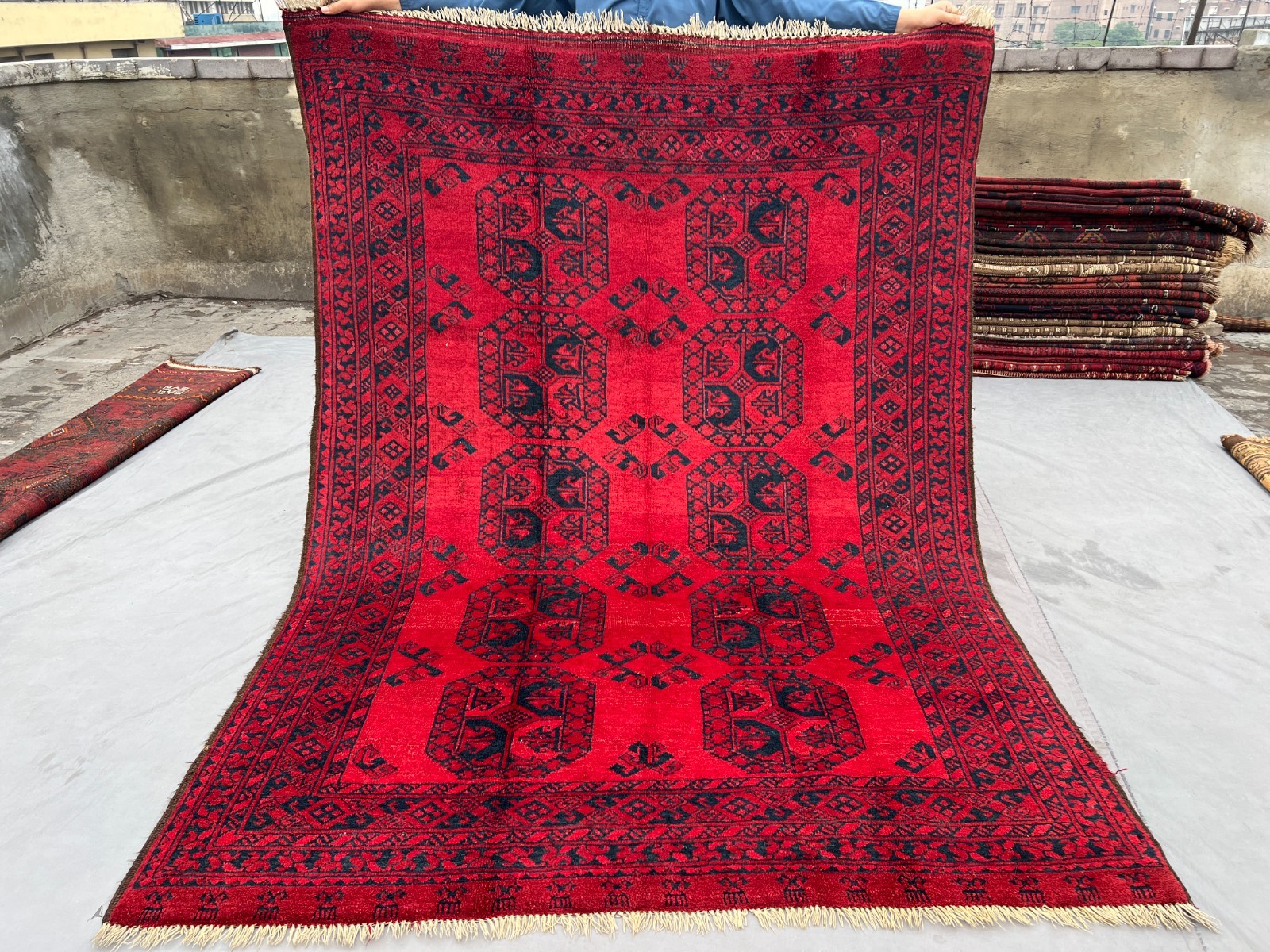 Red Navy Turkmen Bokhara Elephant Foot Gul Hand Knotted Wool Rug 5.5×8 Large rug