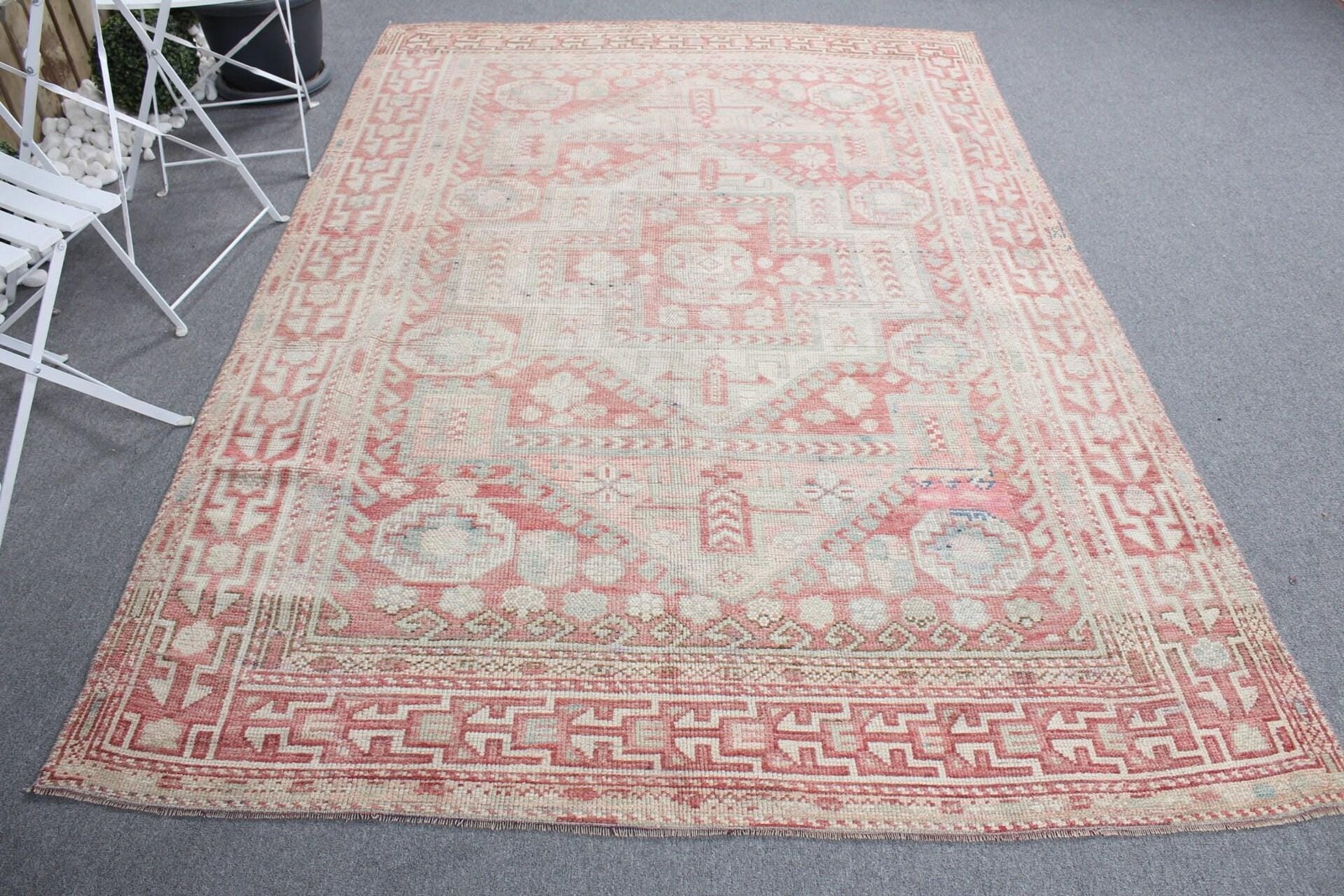 Turkish 5,9×8,9 ft Rug, Large Vintage Rug, Beige Pink Patchwork Wool Rug
