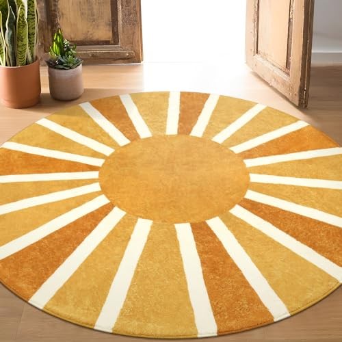 Boho Round Area Rug – 5Ft Machine Washable Soft Round Bedroom Rugs Non-Slip