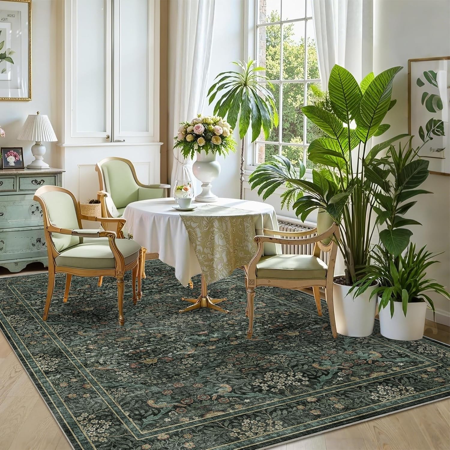 5×7 Dark Green Washable Floral Area Rug,Vintage Boho Soft Low-Pile Living Room