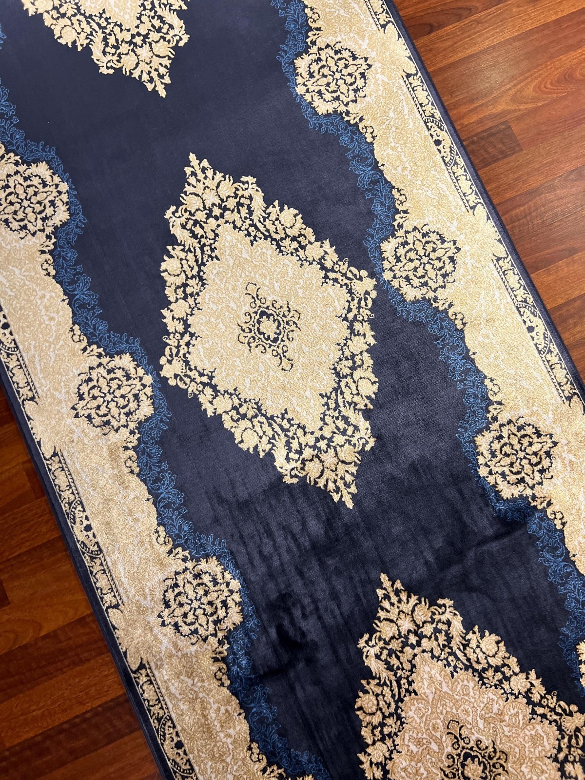 3×10 ft Blue Gold Medallion Bamboo Silk Runner Rug – Hallway Carpet