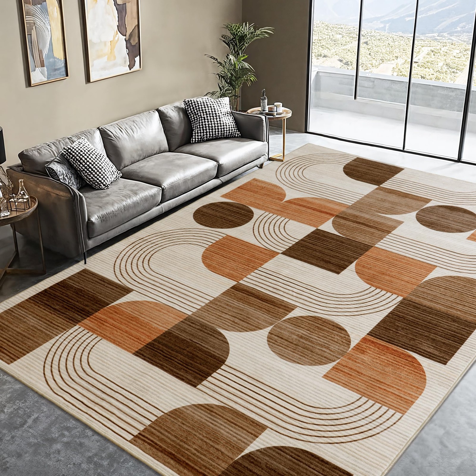 Large Machine Washable 8×10 Area Rug, Soft Modern Geometric Abstract Orange R…