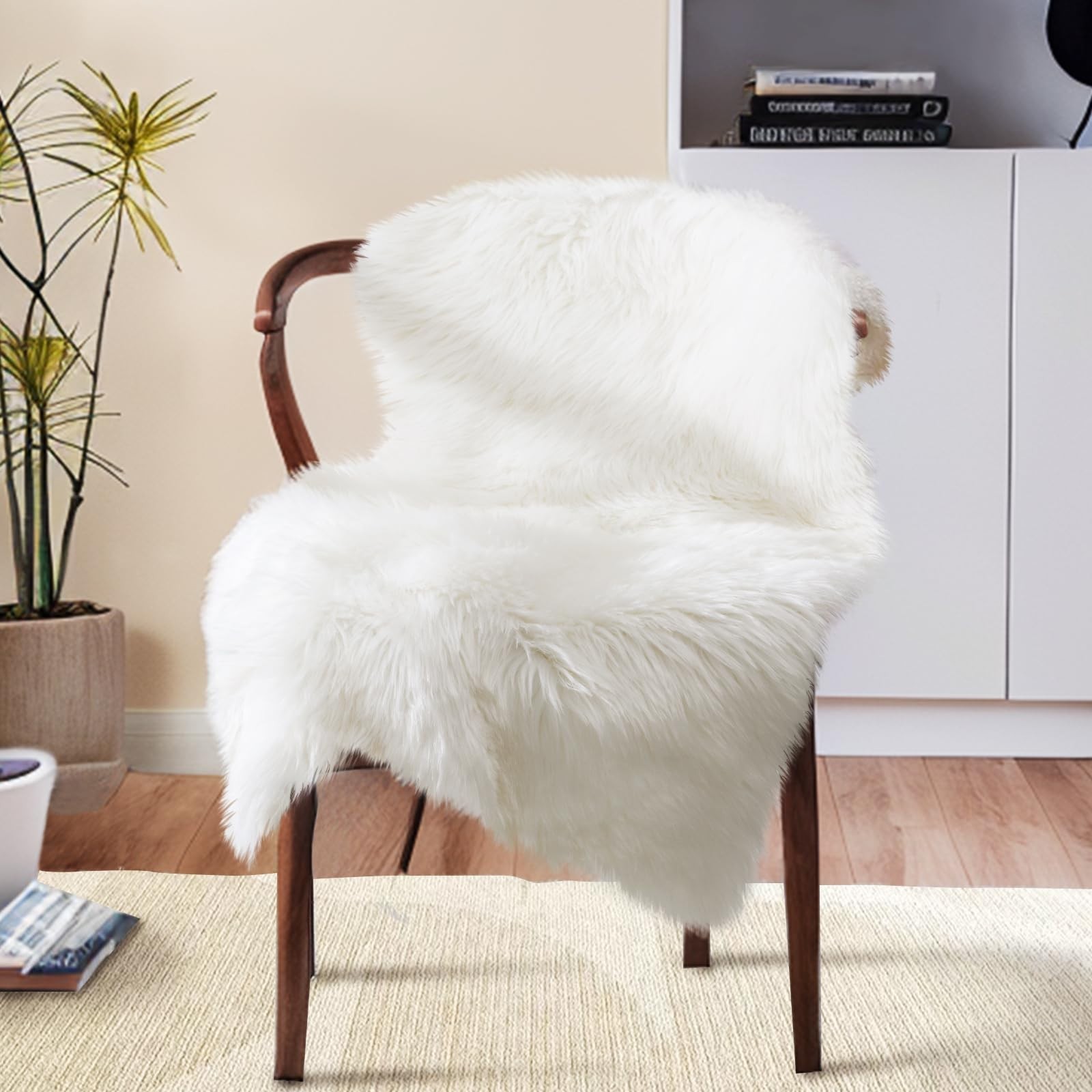 White Faux Fur Rug, Plush Chair Cover, 2×3 Feet, Cozy Living Room Decor