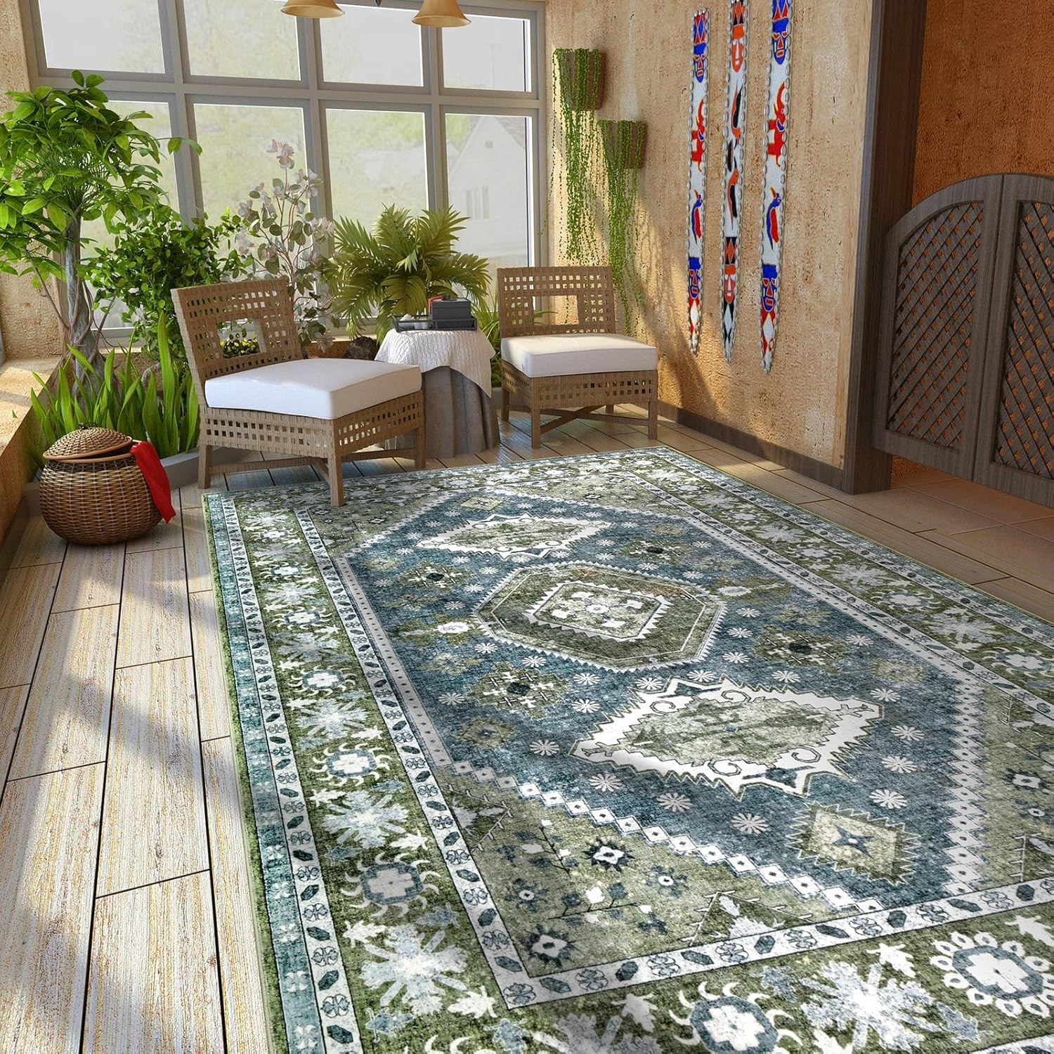 Boho Chic Large Washable Area Rug 9×12 in Dark Blue & Green for Living Room