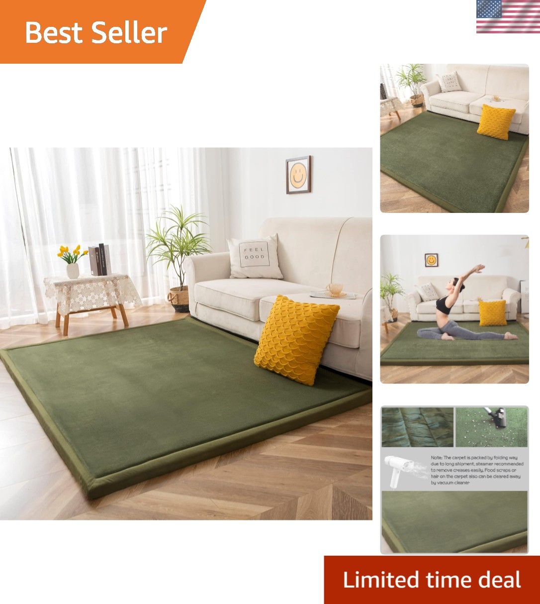 Thick Handmade Coral Velvet Tatami Mat – 59″ x 78″ Olive Green Living Room Rug