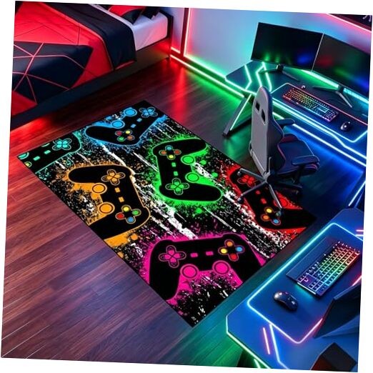 Gamer Area Rug for Dining Room Kids Room Green Hand Drawn Gamepad Teens Rugs