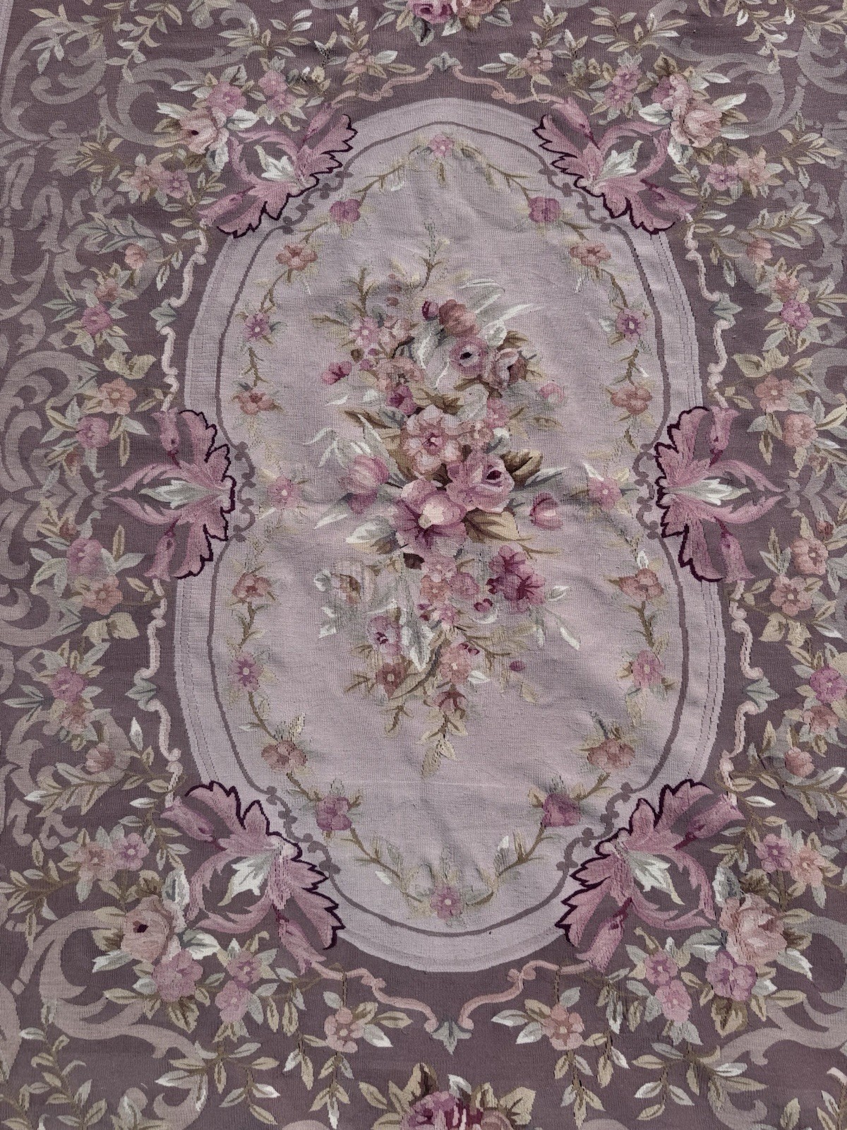 Aubusson Wool Area Rug Vintage French Style 11.5 X9 Floral toffee rose sage pink