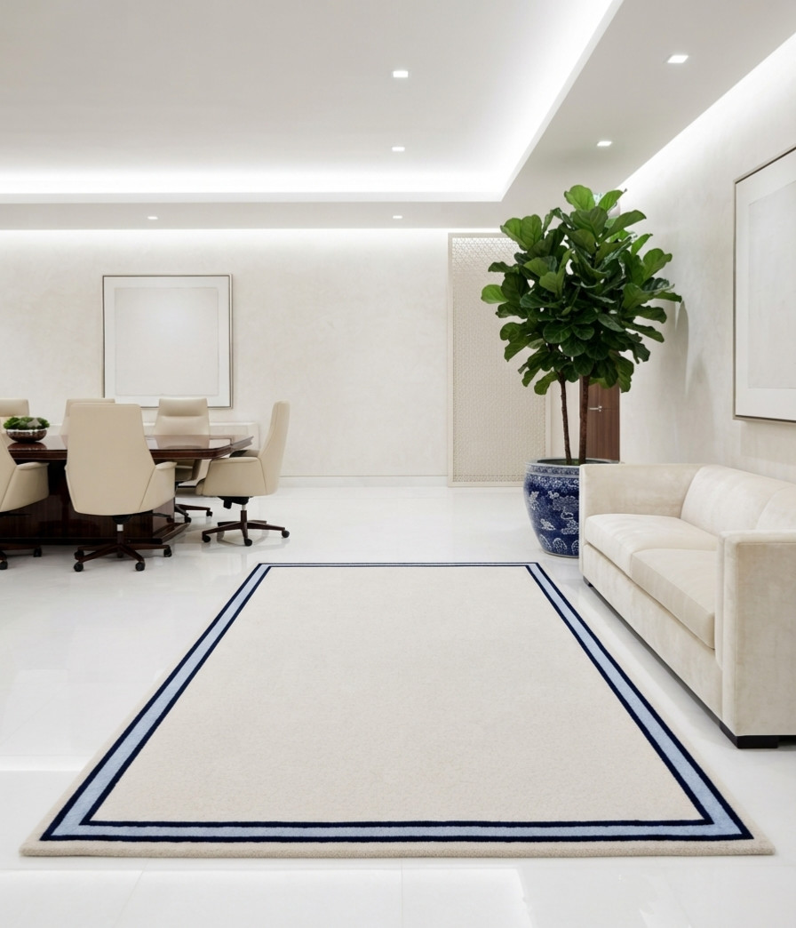 Hand Tufted Wool Rug Ivory Navy Border Handmade Area Rug