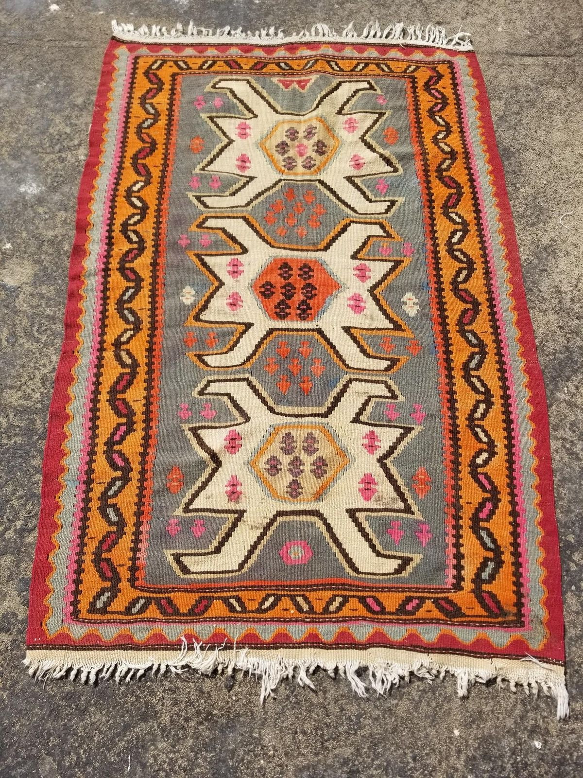 Vintage Traditional Handwoven Turkish Wool Multicolor Kilim Rug 56×36 inches
