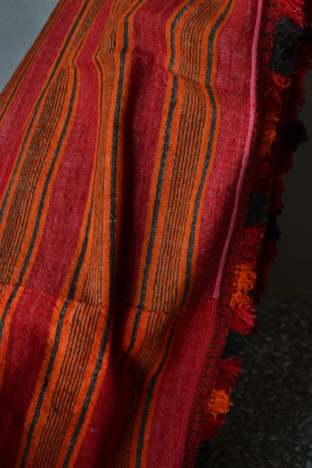 Handwoven Cretan Wool Rug Runner Red Orange Black Folk Textile 200×220 cm
