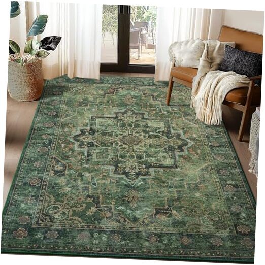Vintage Dark Green Area Rugs 5×7 for Living Room, Tranditional Distressed