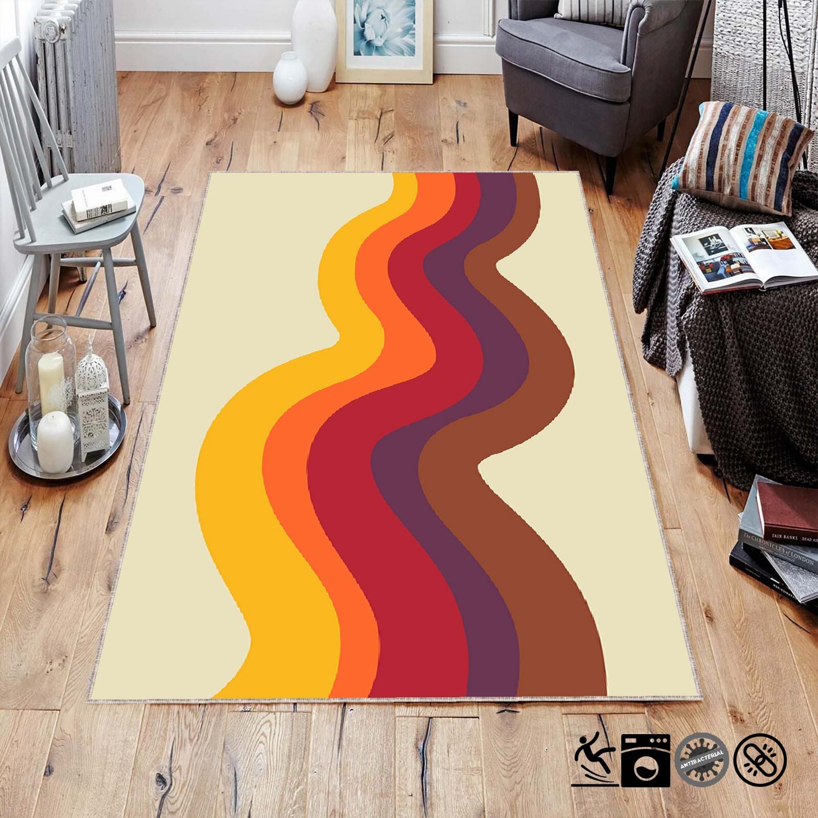 Retro Wavy Rug, Colorful Wave Carpet, 70s Style Area Rug, Funky Room Decor Rug