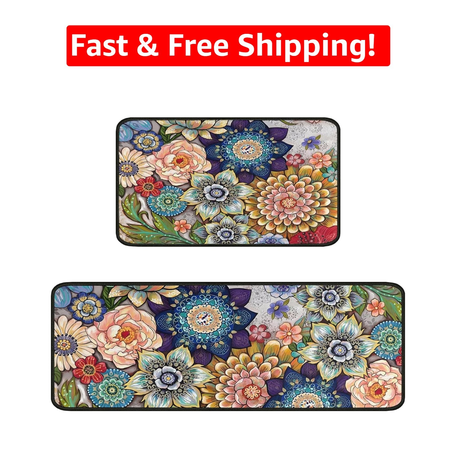 Stylish Floral Kitchen Rug Set of 2 – Soft Velvet & Machine Washable Comfort