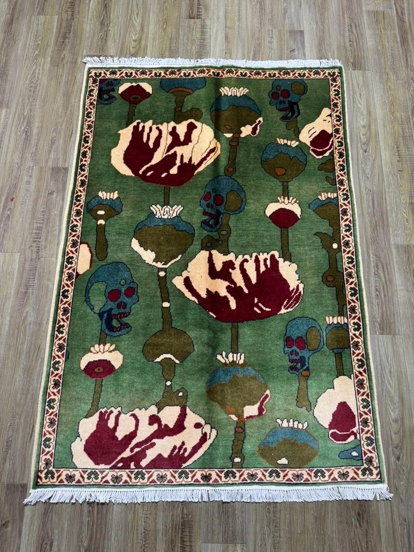 skull opium hand made afghan war rugs, war rugs, ussr , usa war rugs 3×5 ft