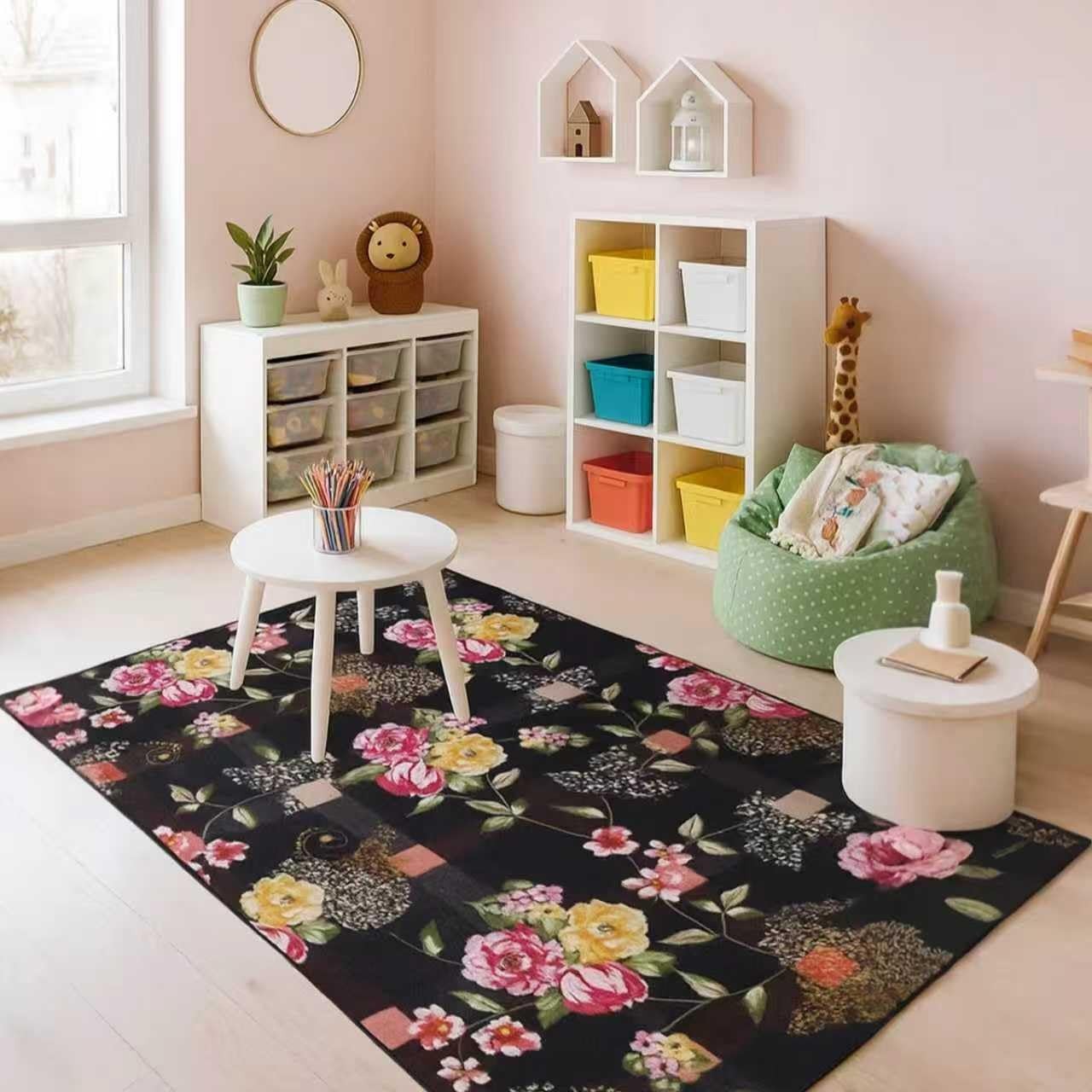 2×3 Black Plaid Floral Washable Entryway Rug Non Slip Indoor Door Mat Bedroom