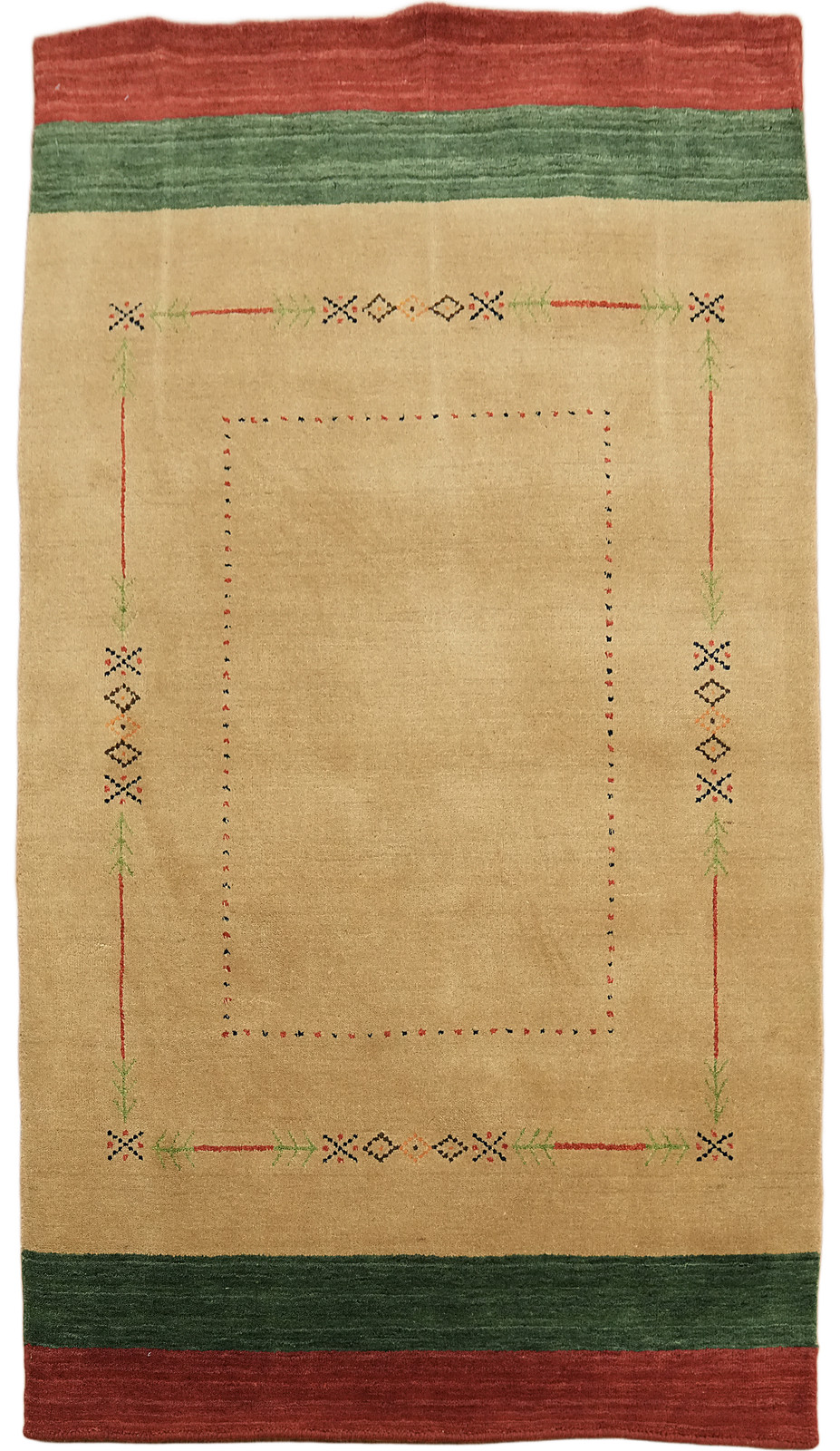 Striped Green & Red Tribal 4×6 Hand-Knotted Wool Area Rug in Beige Color